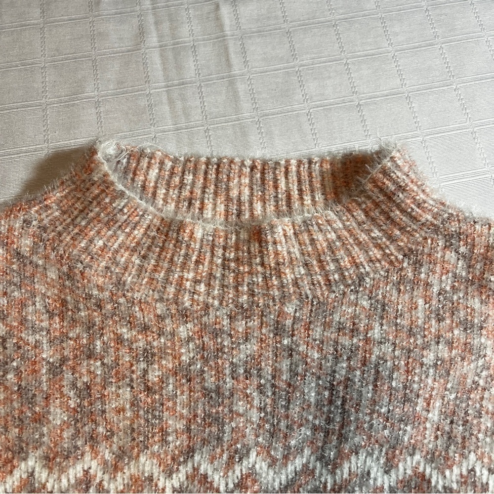 Fair Isle Mock Neck Cozy Pink, White & Blue Fuzzy Sweater - Picture 6 of 6